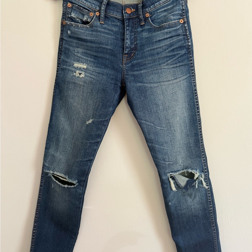 Madewell Distressed High Rise Skinny in Medium Blue Denim